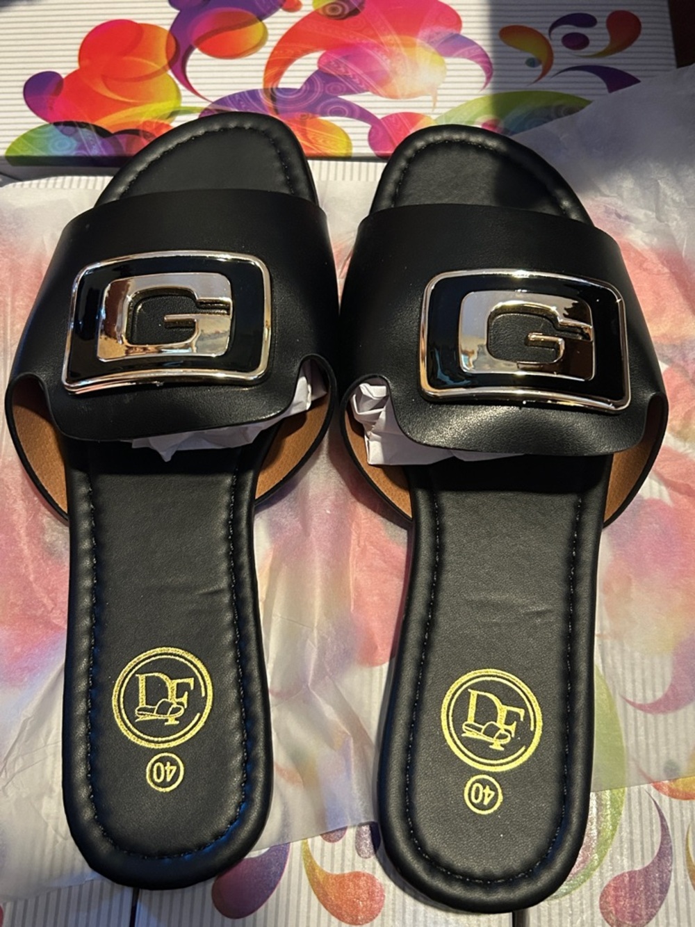 Women's Black Slide Sandals with Gold Accent Buckle